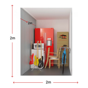 Storage area featuring a red refrigerator, microwave, chair, bicycle, and guitars.