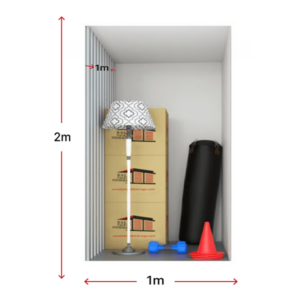A storage unit showing a lamp, boxes, a punching bag, a dumbbell, and a traffic cone.