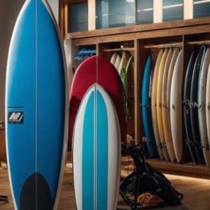Three surfboards in various colors displayed in a storage area with wooden shelves.