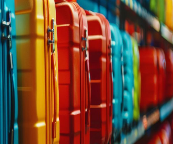 A row of colorful hard shell luggage in various shades including red, yellow, and blue on display.